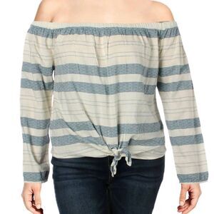 Roxy Women's 100% Cotton Striped Off Shoulder Tie Front Semi Sheer Top L